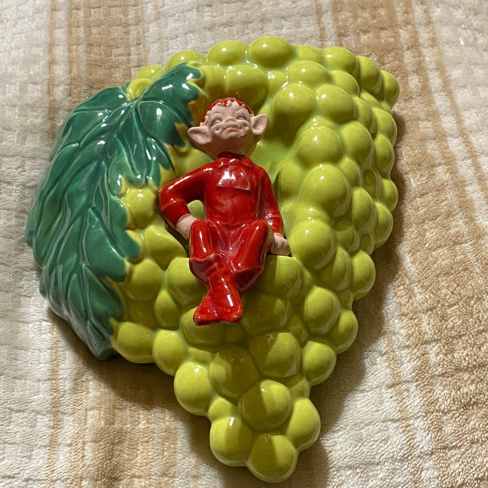 Grape wall pocket elf antique SIGNED RARE 1950 Ceramic with Elf Figure